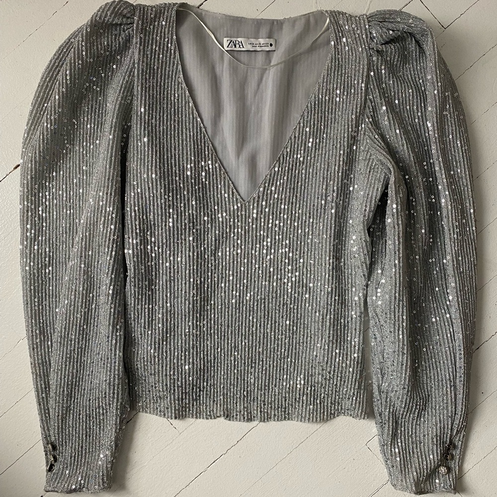 Zara Silver Sparkly Long Sleeve Top size Medium